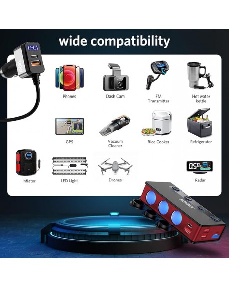 BESTEK 180W Cigarette Lighter Adapter Splitter with PD36W/65W and QC3.0 18W LED Voltage Display for 12V/24V Vehicles Red